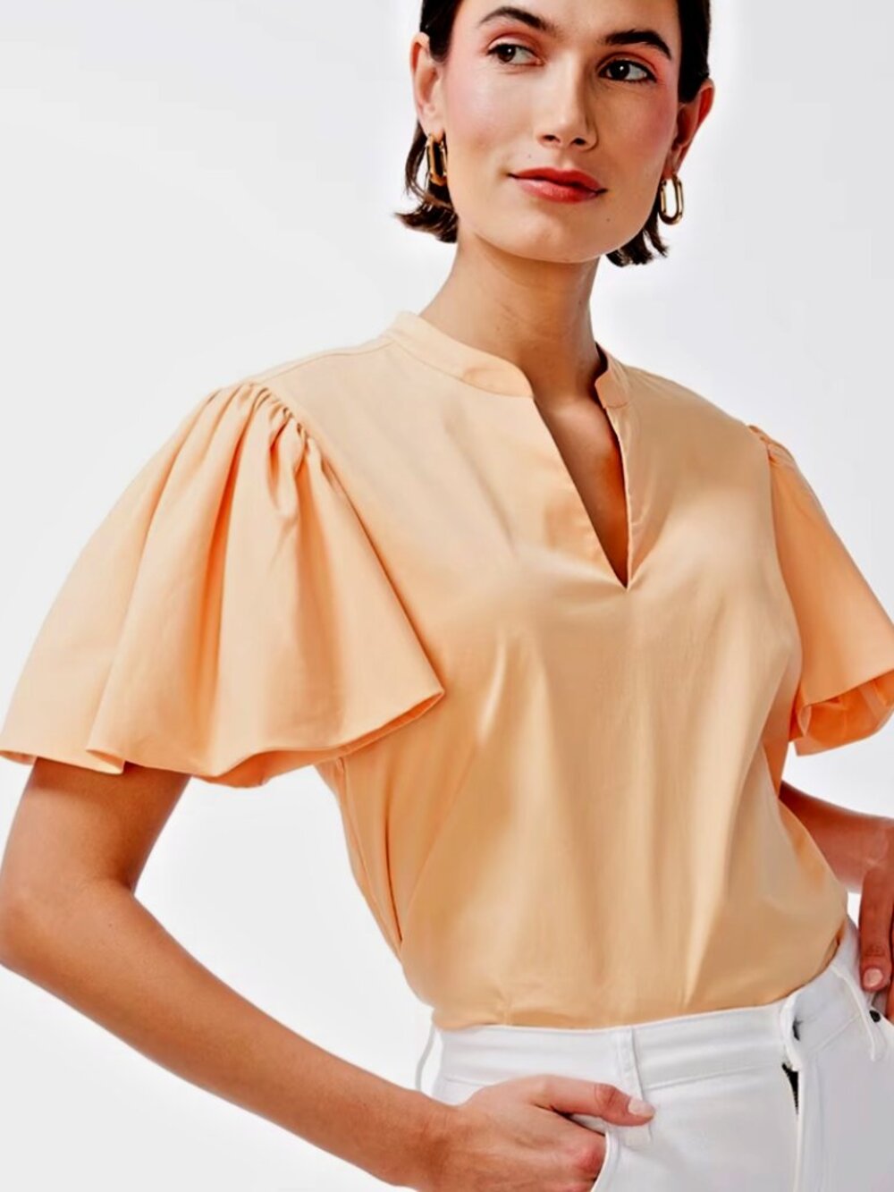 Chico’s Puff-Sleeve Poplin Blouse – Soft Tangerine Orange